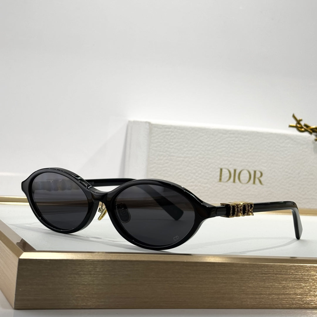 D**R Small Round Oval Sunglasses | Gloss Black Acetate, Crystal-Set DIOR Letter Temple Block, Gold Metal Nose Bridge, Flat Dark Grey Lenses