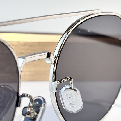 D**R Round Sunglasses | Silver Double-Bridge Metal Frame & Dark Grey Lenses