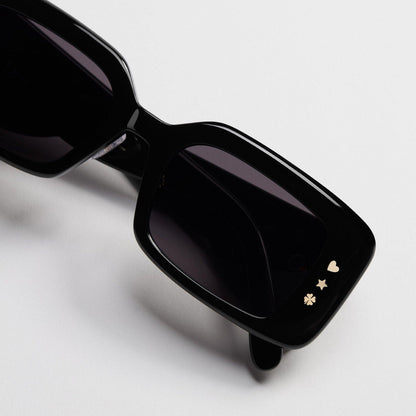 D**R Slim Rectangular Sunglasses | Glossy Black Frame, Dark Grey Lenses & Silver Logo Temple