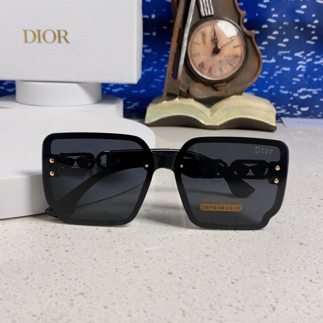 D**R Oversized Square Sunglasses | All-Black Frame, Gold CD Logo Temple & Dark Grey Lenses