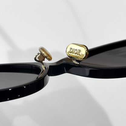 D**R Small Round Oval Sunglasses | Gloss Black Acetate, Crystal-Set DIOR Letter Temple Block, Gold Metal Nose Bridge, Flat Dark Grey Lenses