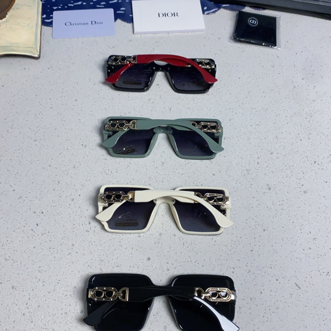 D**R Oversized Square Sunglasses | Black Frame, Red Temple, Gold CD Logo & Blue-Grey Gradient Lenses