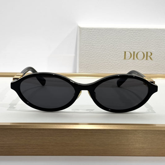 D**R Small Oval Sunglasses | Gloss Black Acetate Frame, Crystal-Set DIOR Letter Temple Block, Gold Metal Nose Bridge, Flat Grey Lenses