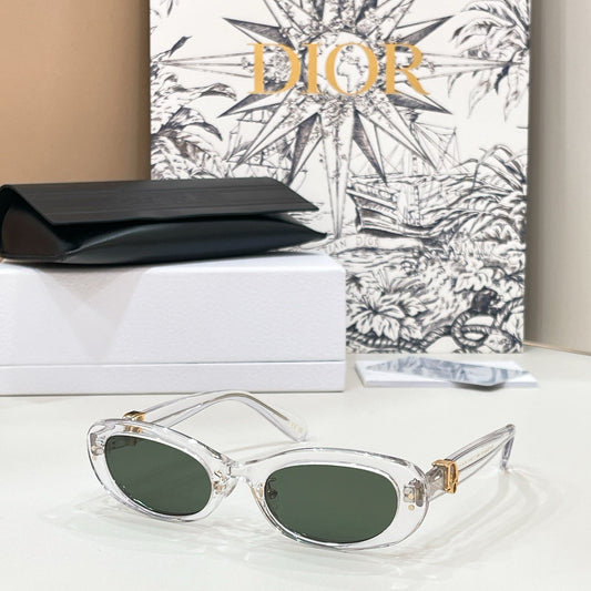 D**R Slim Oval Sunglasses with Clear Transparent Acetate Frame, Forest Green Lenses & Gold Logo Hardware