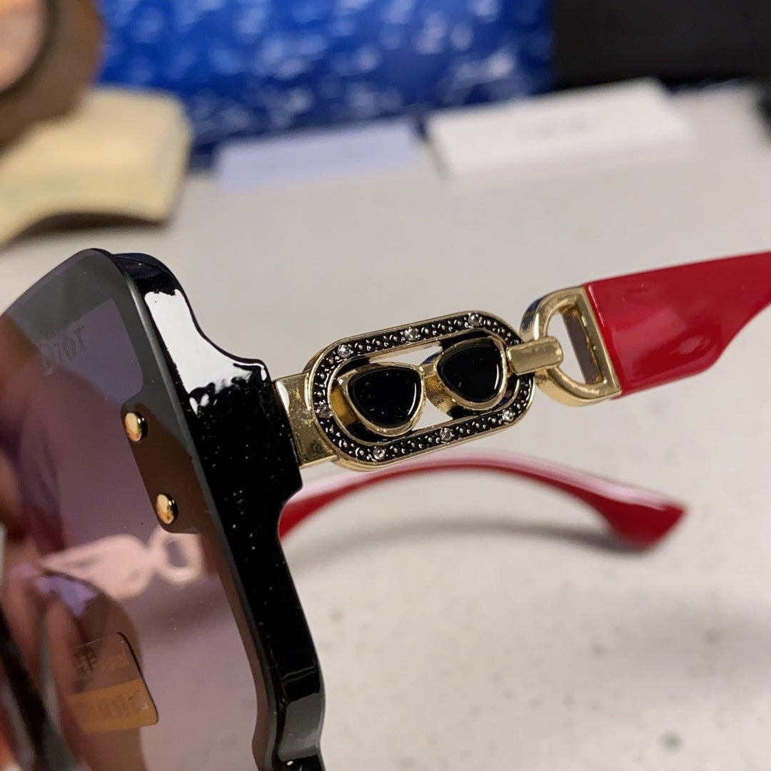 D**R Oversized Square Sunglasses | Black Frame, Red Temple, Gold CD Logo & Blue-Grey Gradient Lenses