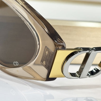 D**R Narrow Cat-Eye Sunglasses | Transparent Smoke-Brown Acetate Frame, CD Metal Badge, Champagne Acetate Temple, Flat Brown Lenses
