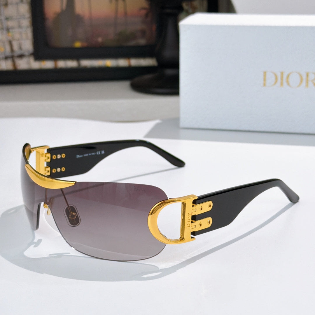 D**R Rimless Wraparound Shield Sunglasses with Grey Purple Gradient Lens, Black Temples & Oversized Gold CD Logo Hardware