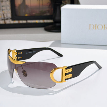 D**R Rimless Wraparound Shield Sunglasses with Grey Purple Gradient Lens, Black Temples & Oversized Gold CD Logo Hardware