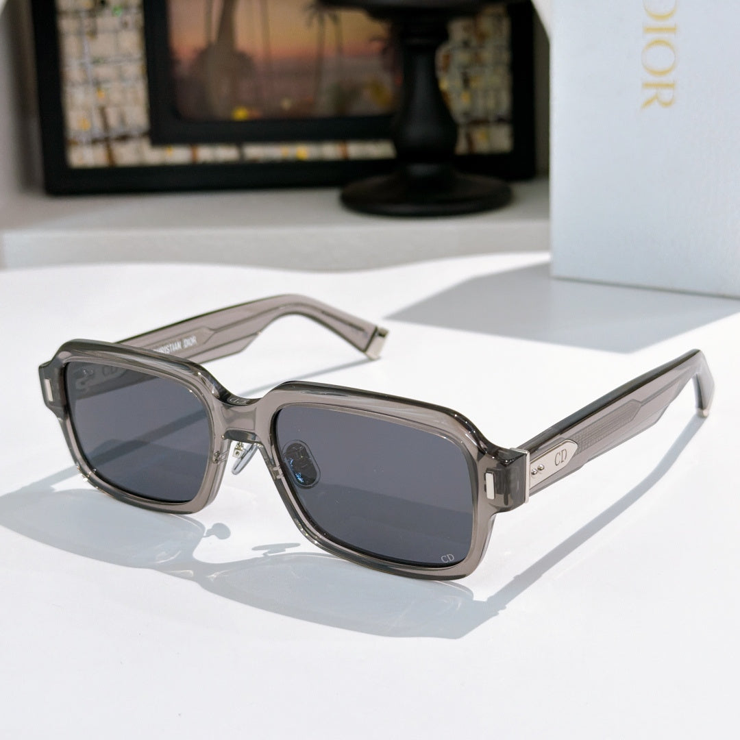 D**R Thick Rectangular Sunglasses with Chunky Smoky Grey Transparent Acetate Frame, Dark Grey Solid Lenses & Silver CD Badge Hardware
