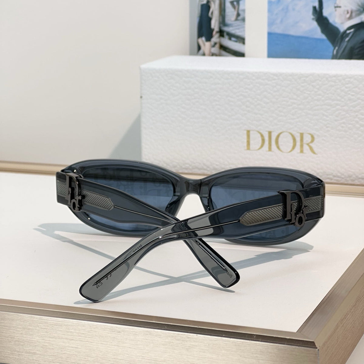 D**R Slim Oval Sunglasses with Smoky Transparent Grey Frame, CD Oblique Monogram Print Lenses & Gunmetal Hardware